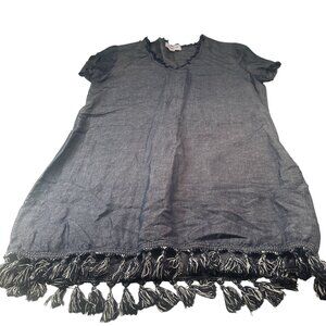 Highline Collective Denim Mini Dress Fringe Tassel Womens Short Sleeve Chambray